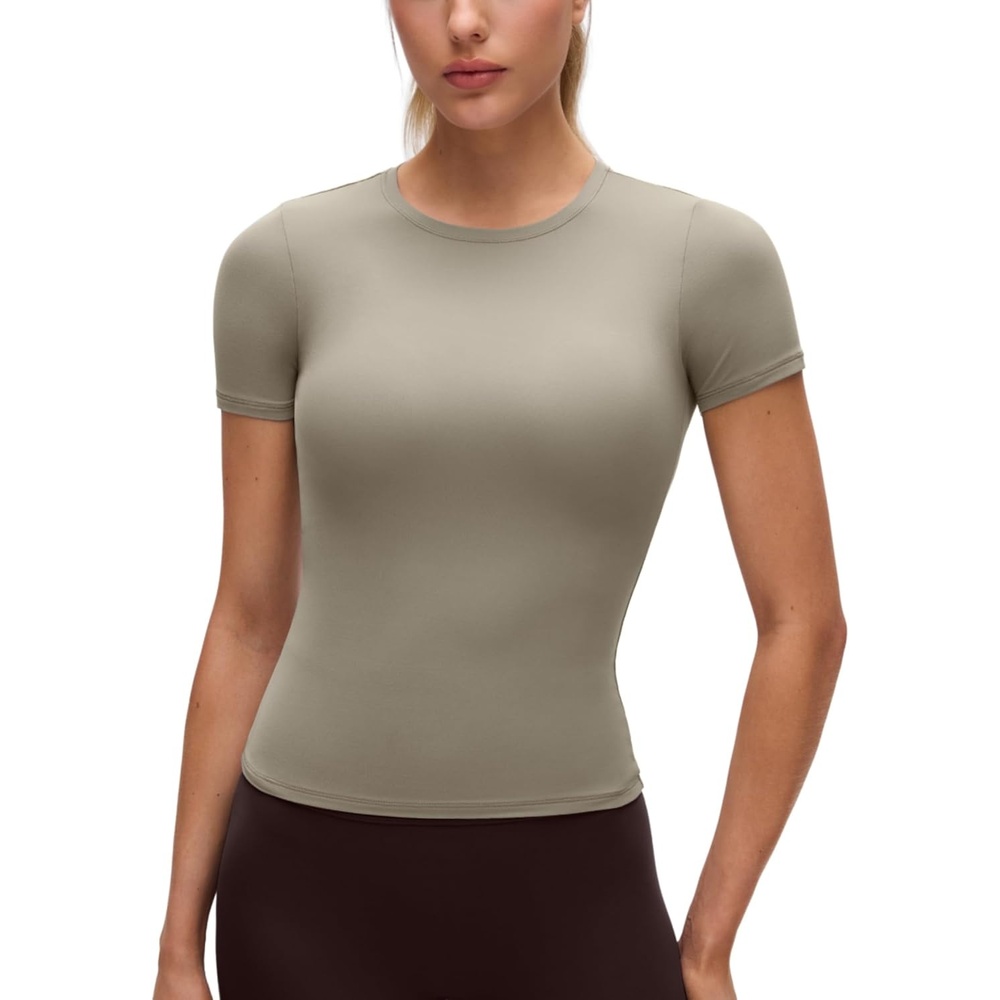 image:imageCRZ YOGA Softembrace High Neck Tops for Women  Soft Workout Casual Going Out Shirts Crewneck Tight Short Sleeve TShirtWarm Ash Grey