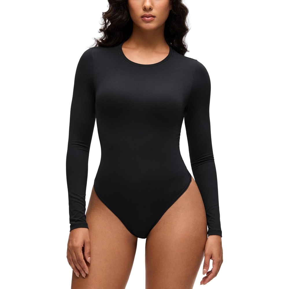 image:imageCRZ YOGA Softembrace Long Sleeve Bodysuits for Women Crewneck Basic Casual Travel Thong Body Suits Fitted TopsBlack