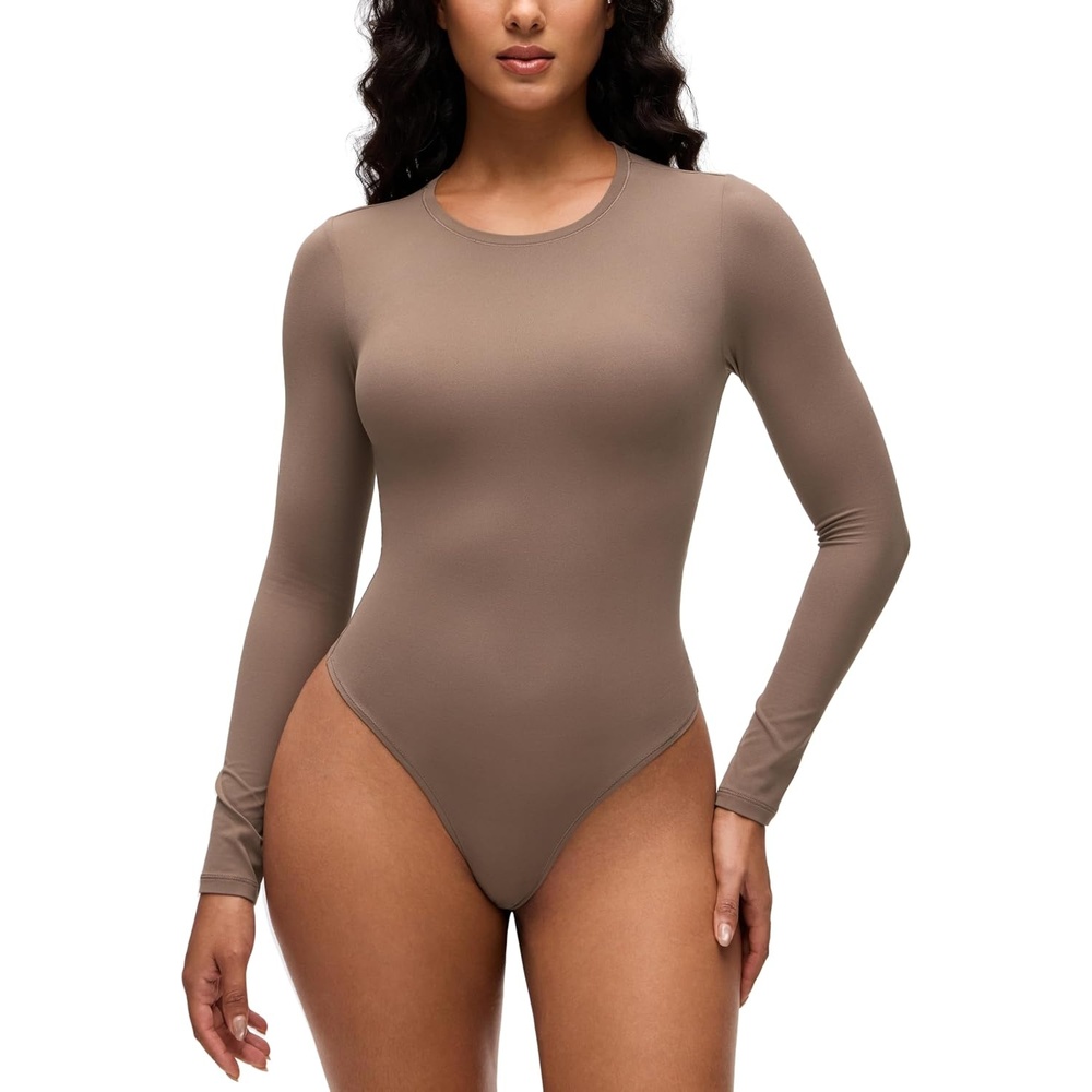 image:imageCRZ YOGA Softembrace Long Sleeve Bodysuits for Women Crewneck Basic Casual Travel Thong Body Suits Fitted TopsBrown Purple