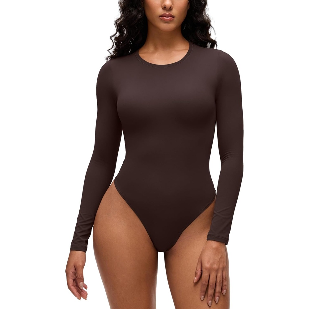 image:imageCRZ YOGA Softembrace Long Sleeve Bodysuits for Women  Crewneck Basic Casual Travel Thong Body Suits Fitted TopsHot Fudge Brown
