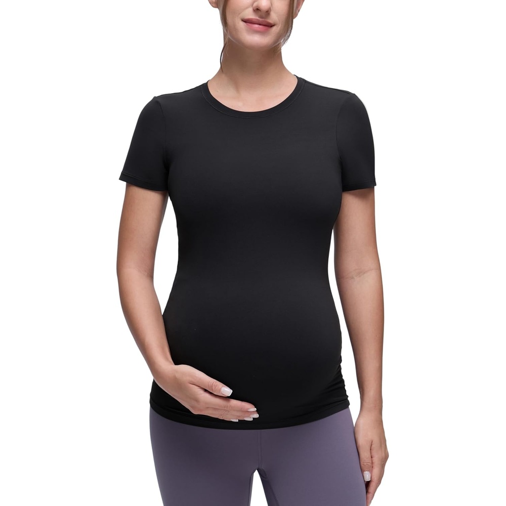 image:imageCRZ YOGA Softembrace Maternity Crewneck Short Sleeve Shirts Soft Casual Pregnancy Tops Going Out Basic TShirts for WomenBlack