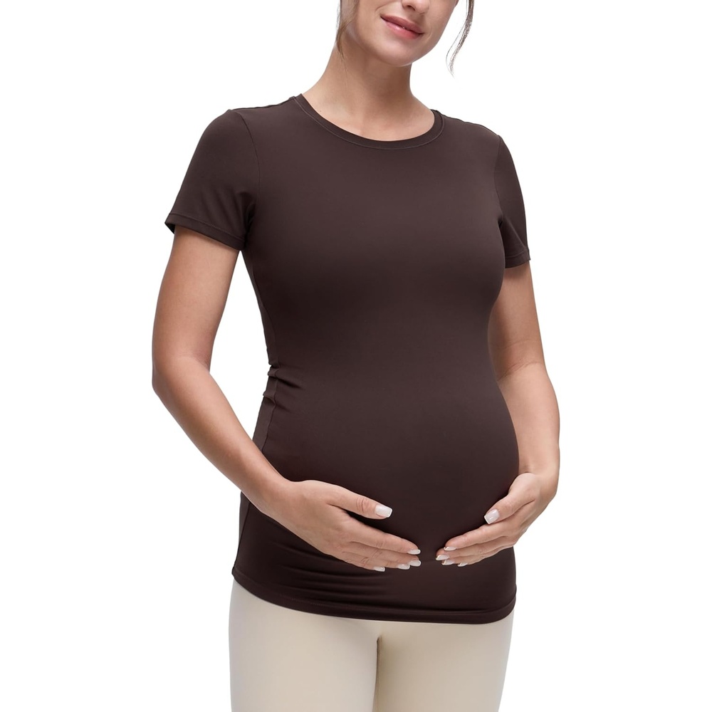 image:imageCRZ YOGA Softembrace Maternity Crewneck Short Sleeve Shirts Soft Casual Pregnancy Tops Going Out Basic TShirts for WomenHot Fudge Brown