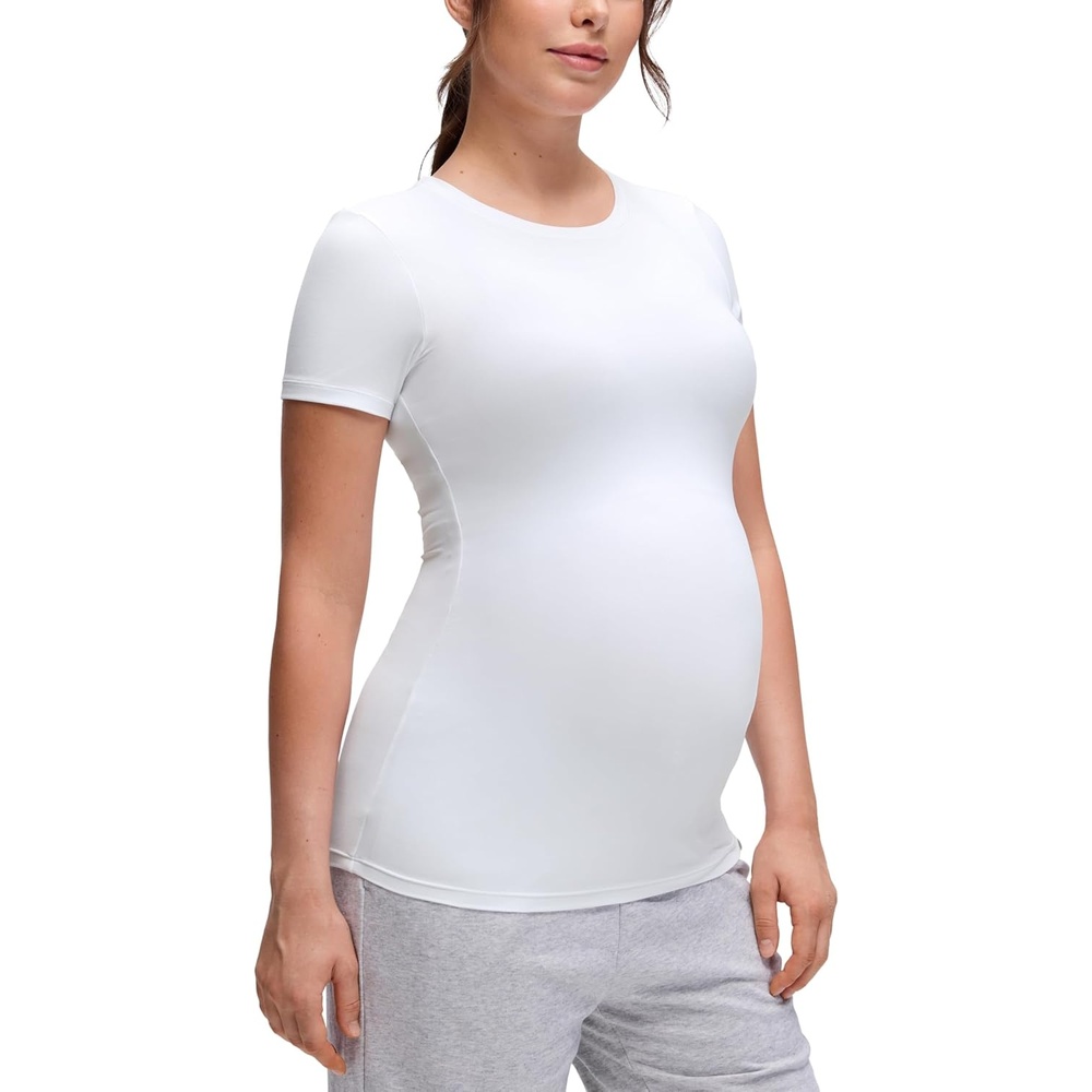 image:imageCRZ YOGA Softembrace Maternity Crewneck Short Sleeve Shirts Soft Casual Pregnancy Tops Going Out Basic TShirts for WomenWhite