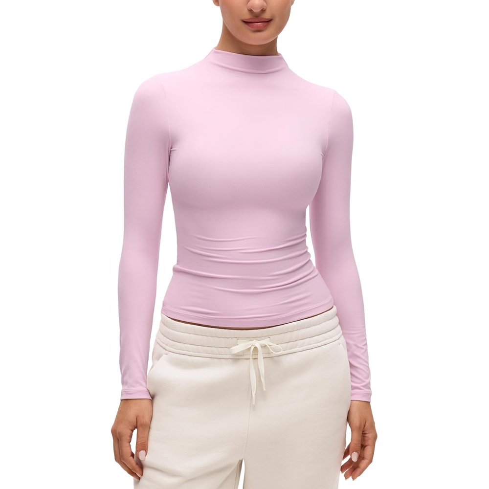 image:imageCRZ YOGA Softembrace Mock Neck Long Sleeve Shirts for Women Casual Going Out Comfort Tops Soft Fitted Layer Underwear TeesPink Peony