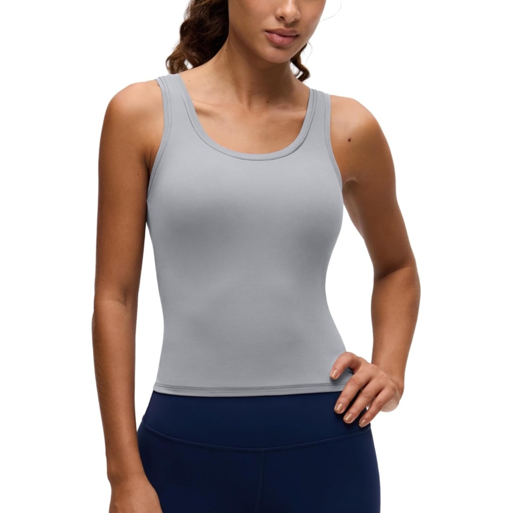 image:imageCRZ YOGA Softembrace Scoop Neck Tank Tops for Women Casual Going Out Soft Double Lined Crop Basic Sleeveless ShirtsRhino Grey