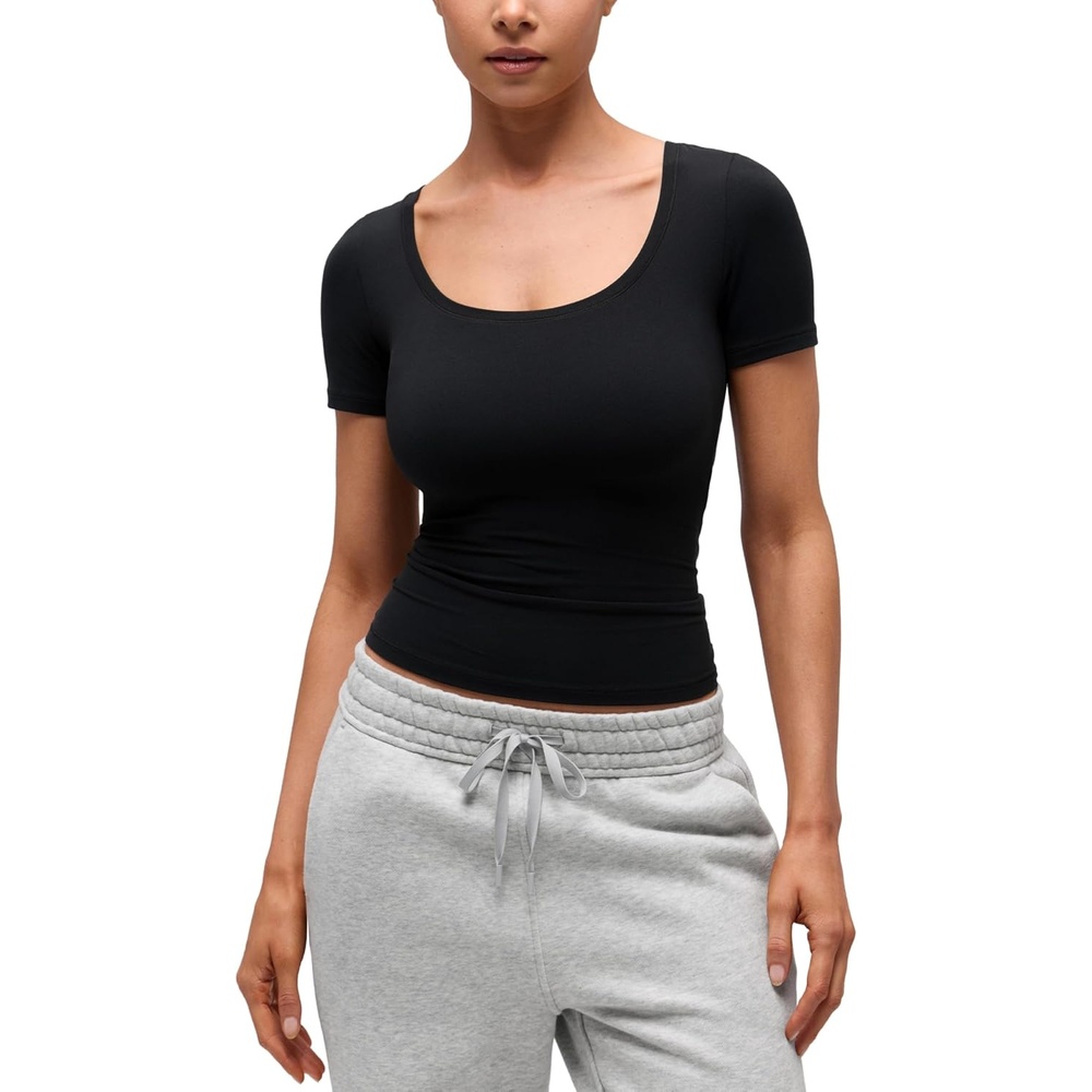 image:imageCRZ YOGA Softembrace Scoop Neck Tops for Women Casual Soft Going Out Short Sleeve Shirts Sexy U Neck Tight Fitted TeesBlack