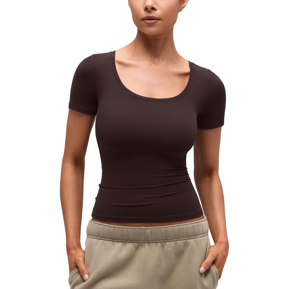image:imageCRZ YOGA Softembrace Scoop Neck Tops for Women Casual Soft Going Out Short Sleeve Shirts Sexy U Neck Tight Fitted TeesHot Fudge Brown