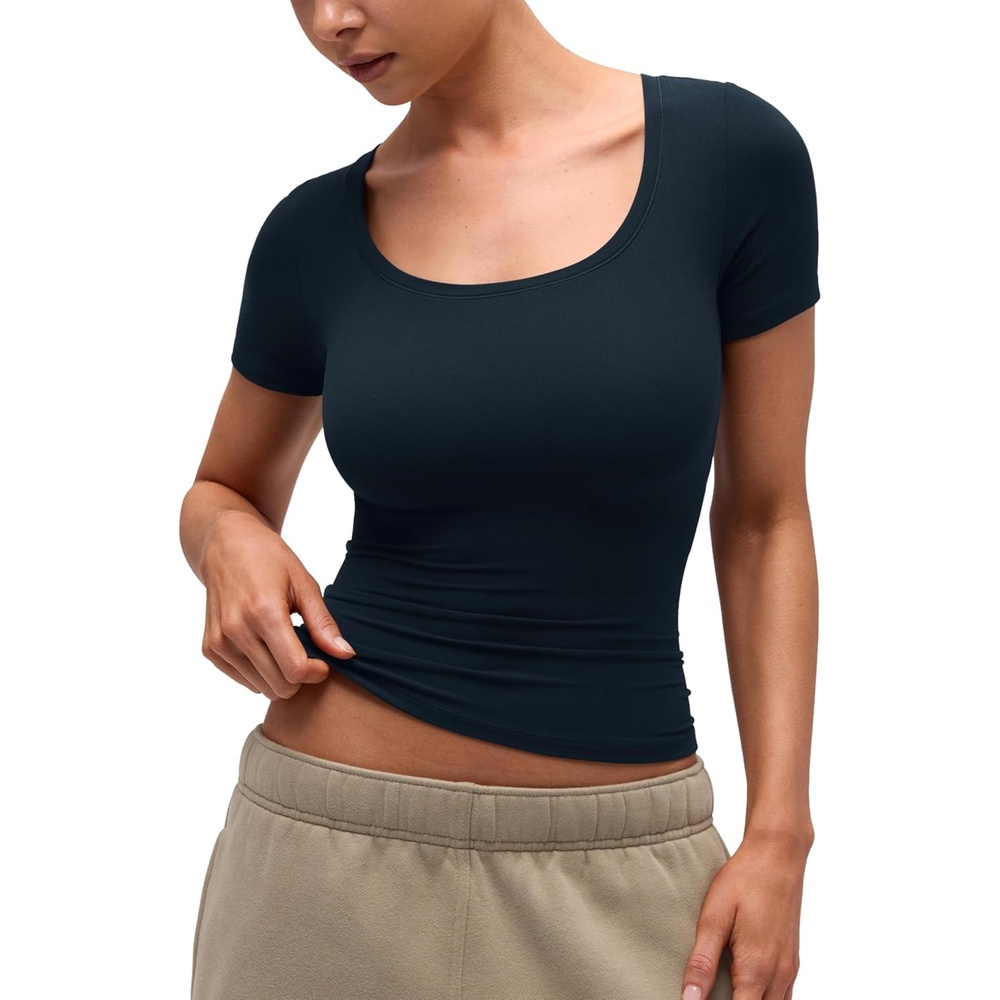 image:imageCRZ YOGA Softembrace Scoop Neck Tops for Women Casual Soft Going Out Short Sleeve Shirts Sexy U Neck Tight Fitted TeesTrue Navy