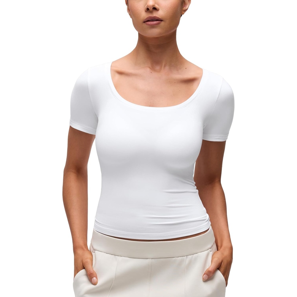 image:imageCRZ YOGA Softembrace Scoop Neck Tops for Women Casual Soft Going Out Short Sleeve Shirts Sexy U Neck Tight Fitted TeesWhite