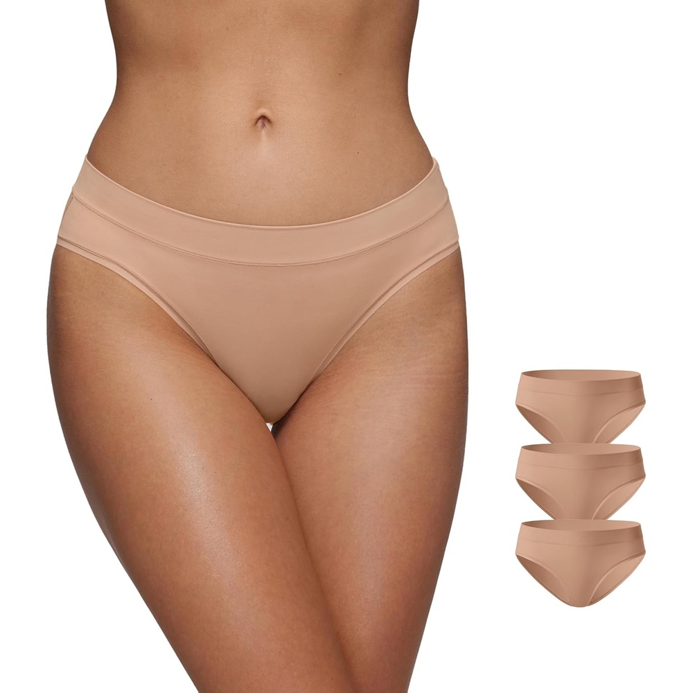 image:imageCRZ YOGA Softhold Bikini Underwear for Women Sexy Tagless Hipster Stretch Breathable Ladies Cheeky Panties 3 PackWarm Beige 3pack