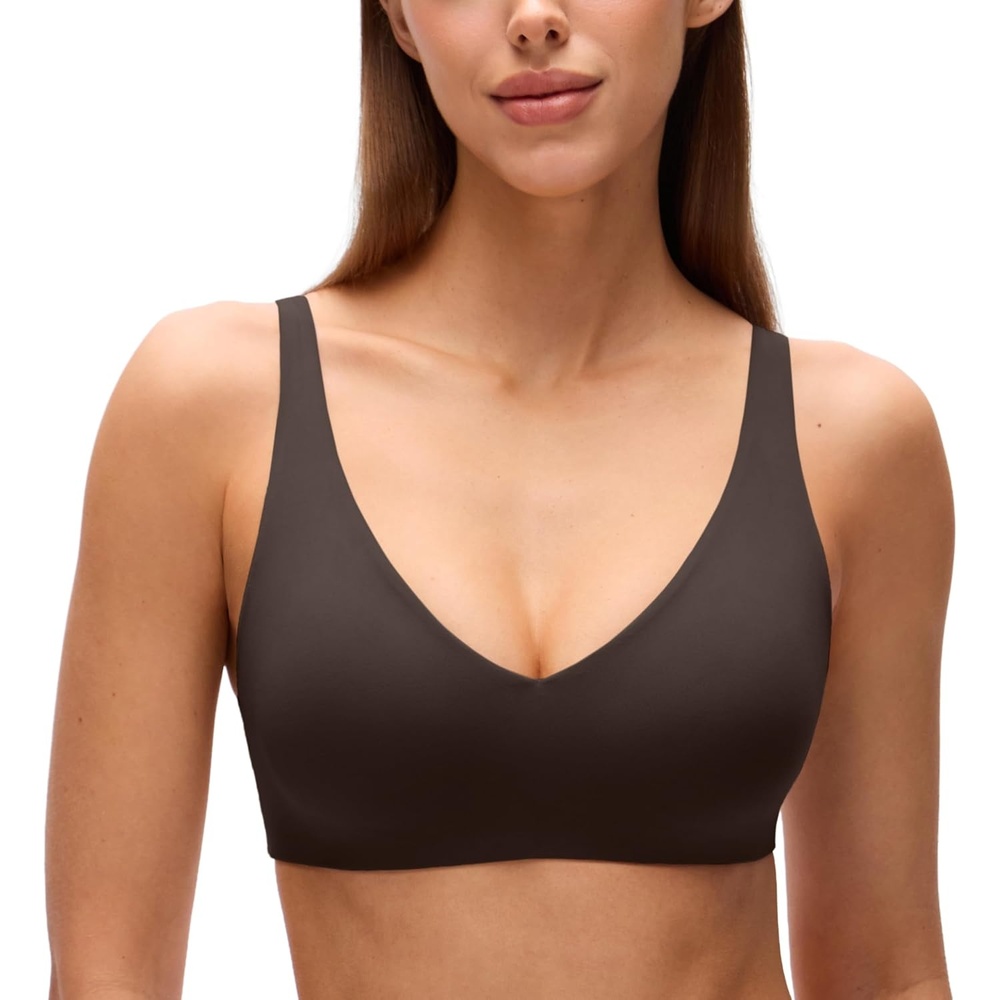 image:imageCRZ YOGA Softhold Double Lined Deep V Bralette  Womens Adjustable Straps Wireless Plunge TShirt Everyday Bra Comfy SmoothHot Fudge Brown