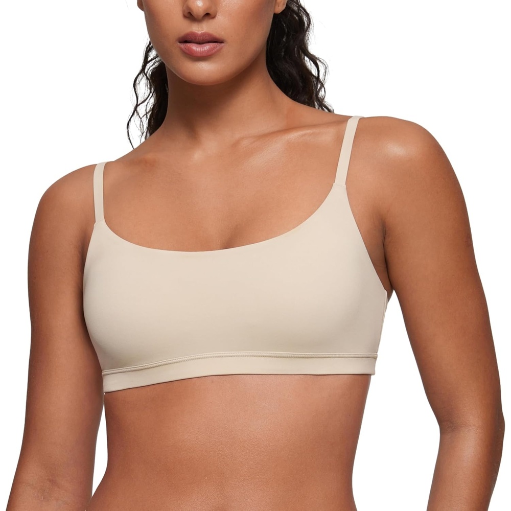image:imageCRZ YOGA Softhold Double Lined Scoop Neck Bralette  Womens Adjustable Straps Cami Wireless Sleep TShirt Everyday BraMojave Tan 2