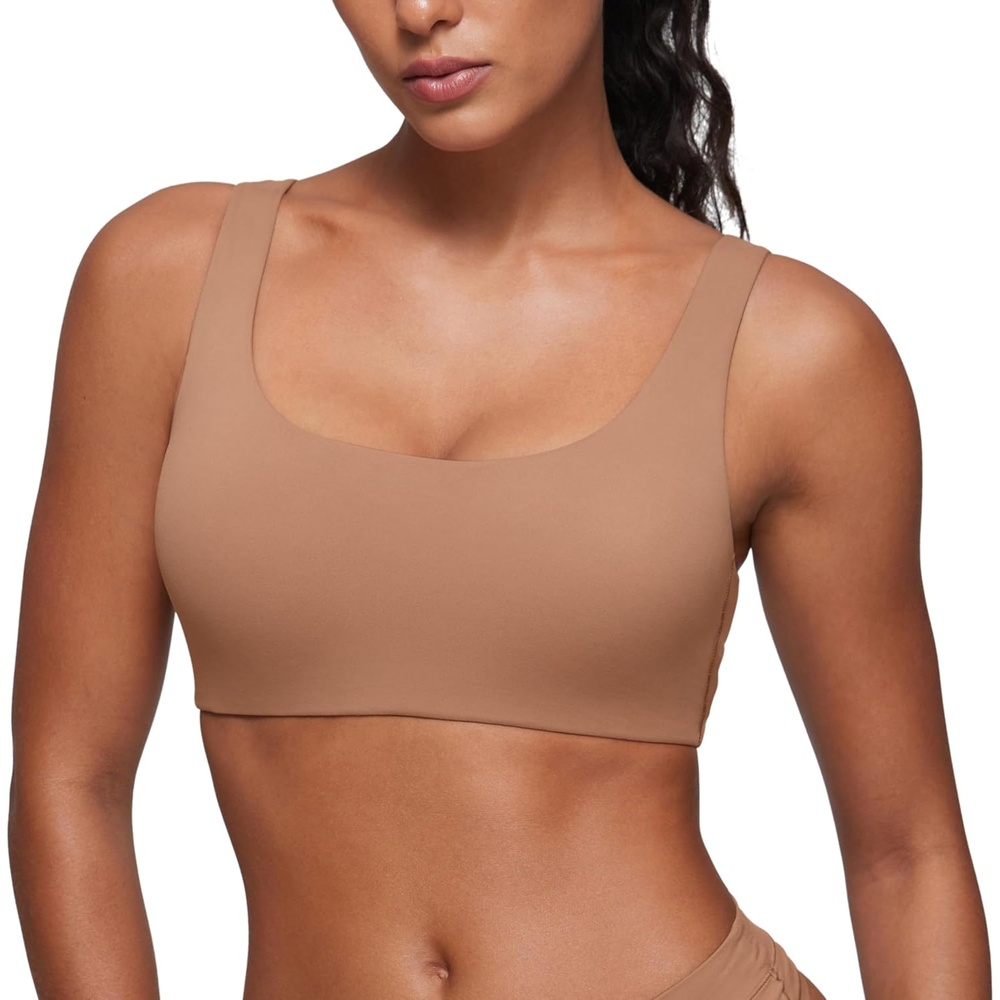 image:imageCRZ YOGA Softhold Double Lined U Back Bralette Womens Scoop Neck Lounge TShirt Everyday Bras Smooth Wireless CamiGravel Beige