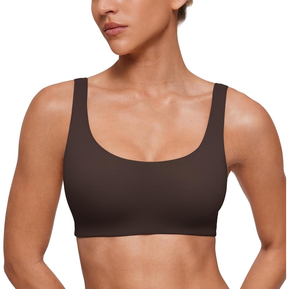 image:imageCRZ YOGA Softhold Double Lined U Back Bralette  Womens Scoop Neck Lounge TShirt Everyday Bras Smooth Wireless CamiHot Fudge Brown