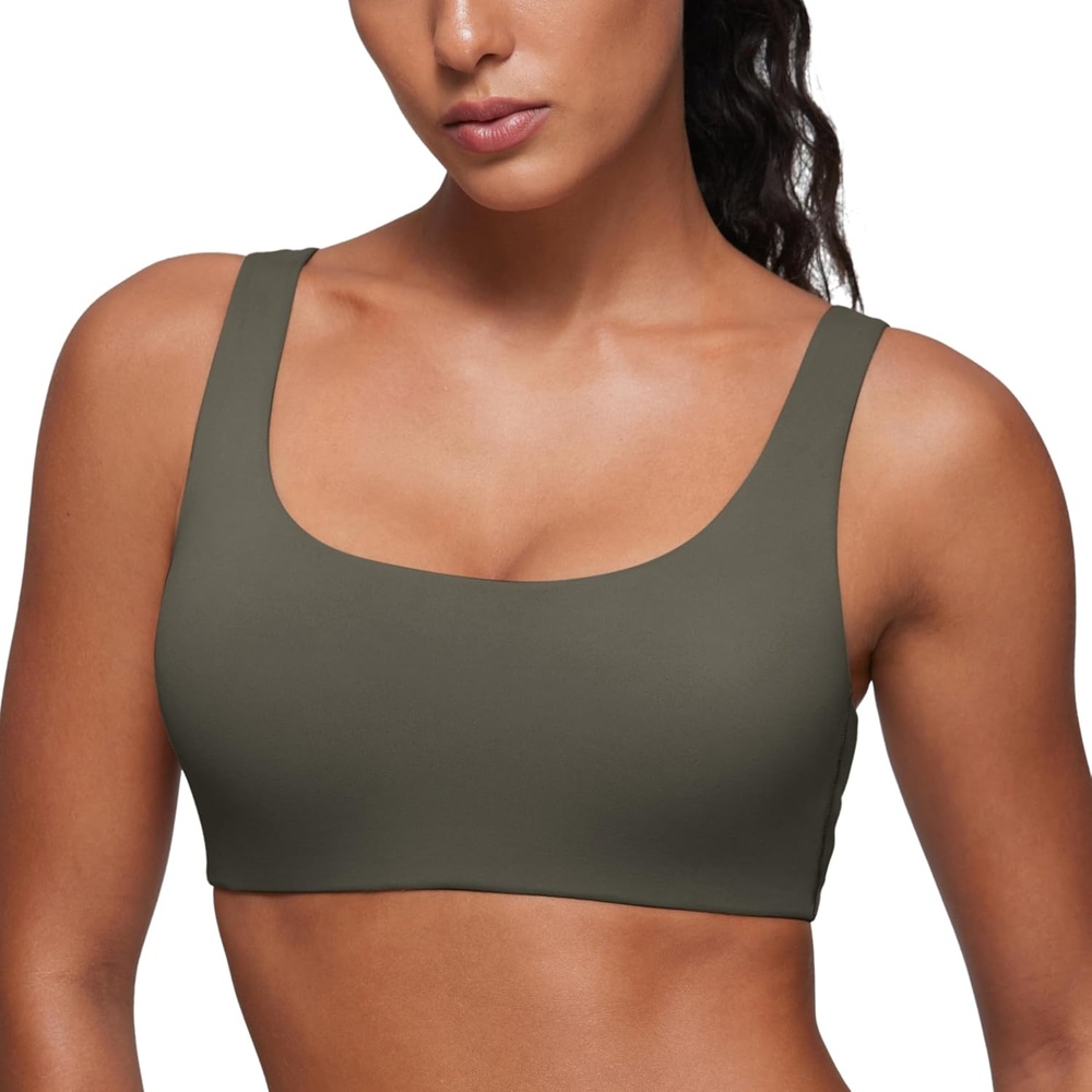 image:imageCRZ YOGA Softhold Double Lined U Back Bralette  Womens Scoop Neck Lounge TShirt Everyday Bras Smooth Wireless CamiLight Army Green