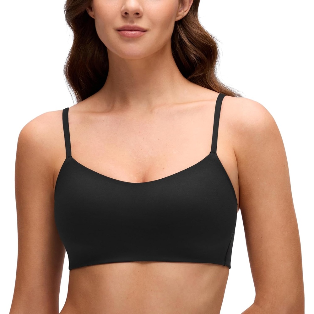 image:imageCRZ YOGA Softhold Mold V Neck Bralette for Women Adjustable Spaghetti Lounge TShirt Everyday Bra No Underwire Comfort CamiBlack