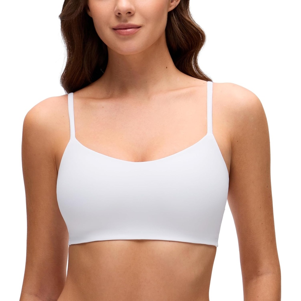 image:imageCRZ YOGA Softhold Mold V Neck Bralette for Women Adjustable Spaghetti Lounge TShirt Everyday Bra No Underwire Comfort CamiSnow White
