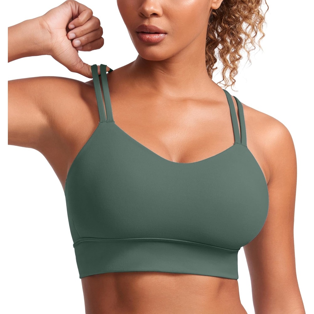 image:imageCRZ YOGA Softness Mold Butterluxe Strappy Longline Sports Bras for Women Double Spaghetti Strap Workout Yoga Crop TopDark Forest Green