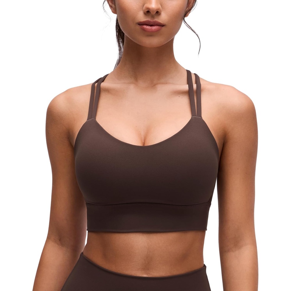 image:imageCRZ YOGA Softness Mold Butterluxe Strappy Longline Sports Bras for Women Double Spaghetti Strap Workout Yoga Crop TopHot Fudge Brown