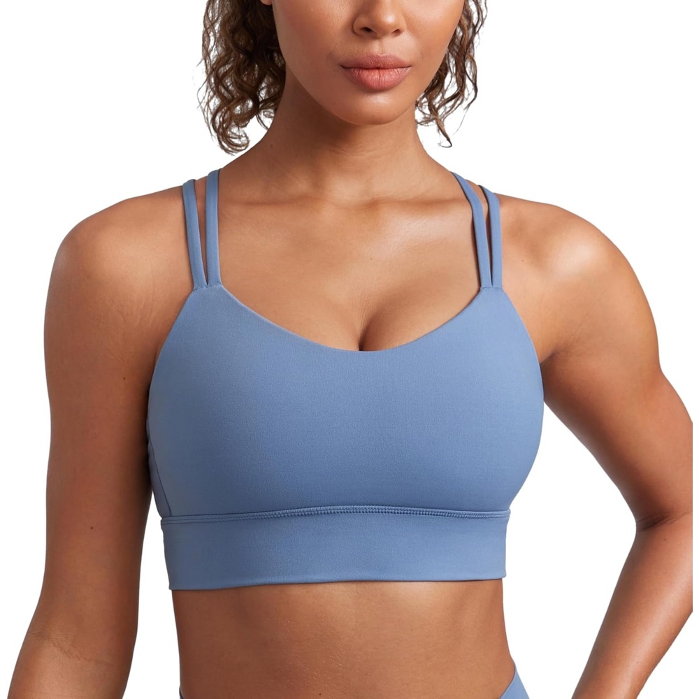 image:imageCRZ YOGA Softness Mold Butterluxe Strappy Longline Sports Bras for Women  Double Spaghetti Strap Workout Yoga Crop TopOasis Blue