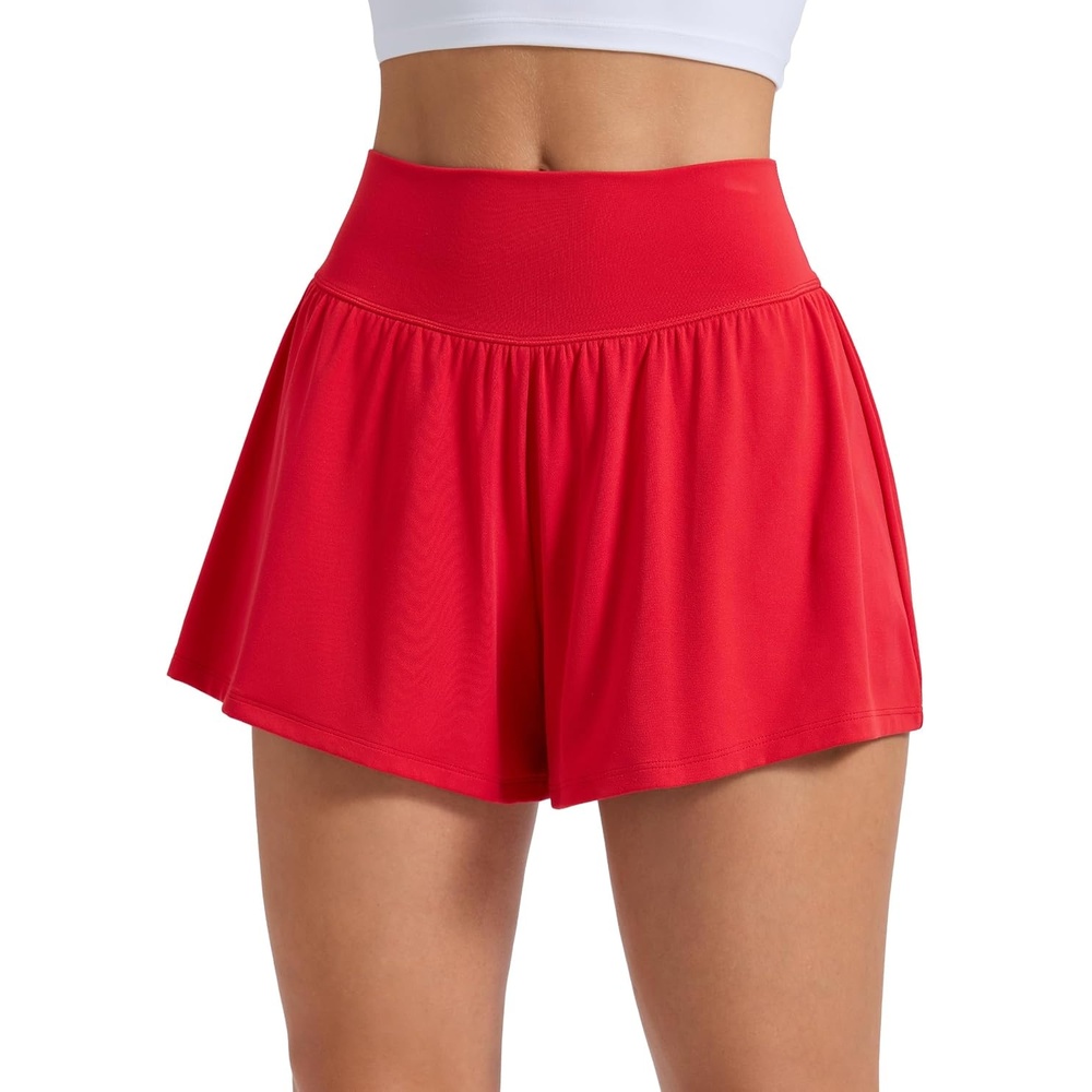 image:imageCRZ YOGA Softretch 2 in 1 Flowy Shorts for Women High Waisted Causal Yoga Lounge Workout with PocketsAurora Red