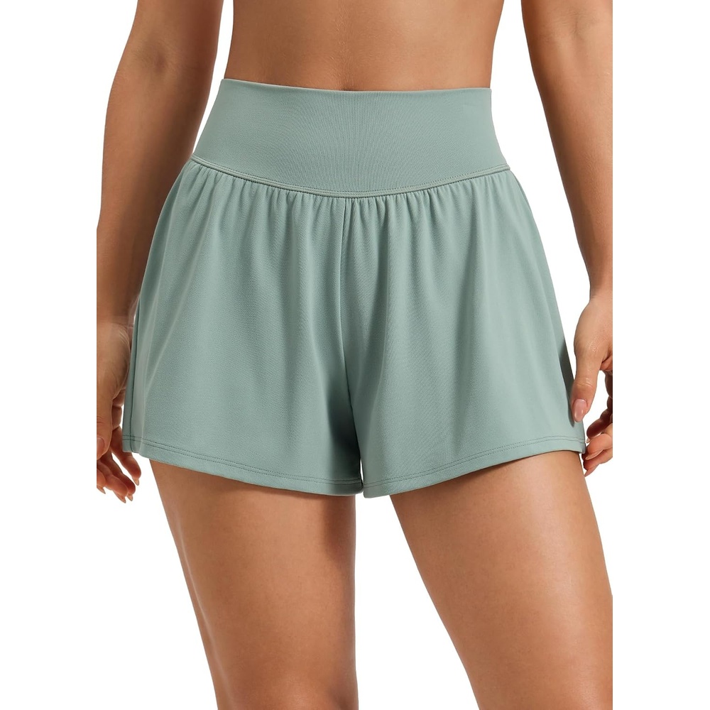 image:imageCRZ YOGA Softretch 2 in 1 Flowy Shorts for Women High Waisted Causal Yoga Lounge Workout with PocketsCrater Green
