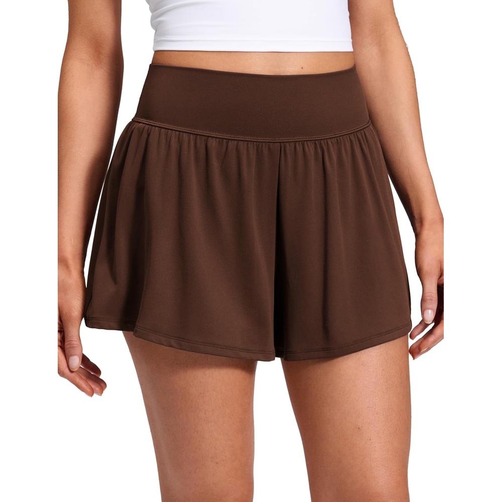 image:imageCRZ YOGA Softretch 2 in 1 Flowy Shorts for Women High Waisted Causal Yoga Lounge Workout with PocketsLava Brown