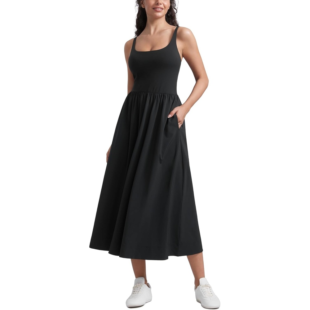 image:imageCRZ YOGA Square Neck Maxi Dress for Women Flowy Sleeveless Padded Travel Casual Outfits with Side PocketsBlack