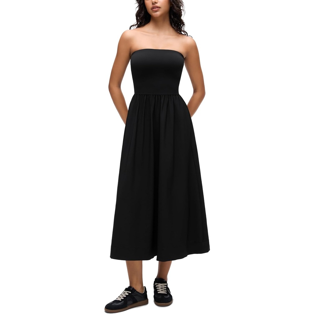 image:imageCRZ YOGA Strapless Tube Top Maxi Dress for Women Sleeveless Off Shoulder Flowy Casual Travel Outfits with Side PocketsBlack