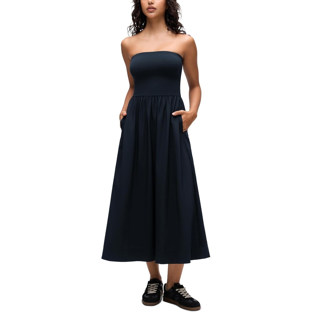 image:imageCRZ YOGA Strapless Tube Top Maxi Dress for Women Sleeveless Off Shoulder Flowy Casual Travel Outfits with Side PocketsTrue Navy