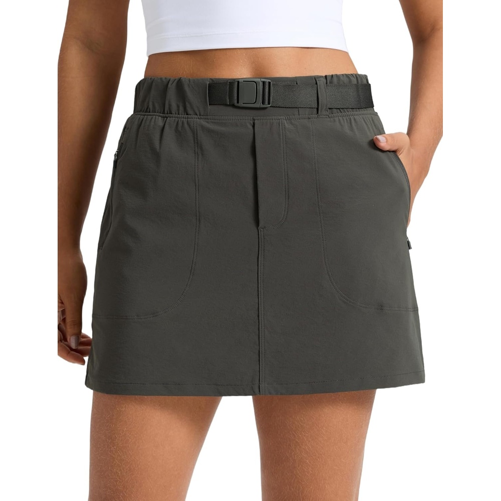 image:imageCRZ YOGA Stretch Adjustable Waist Hiking Skirts for Women Mini Lined High Rise Quick Dry Casual Skorts with Zipper PocketsArbor Olive