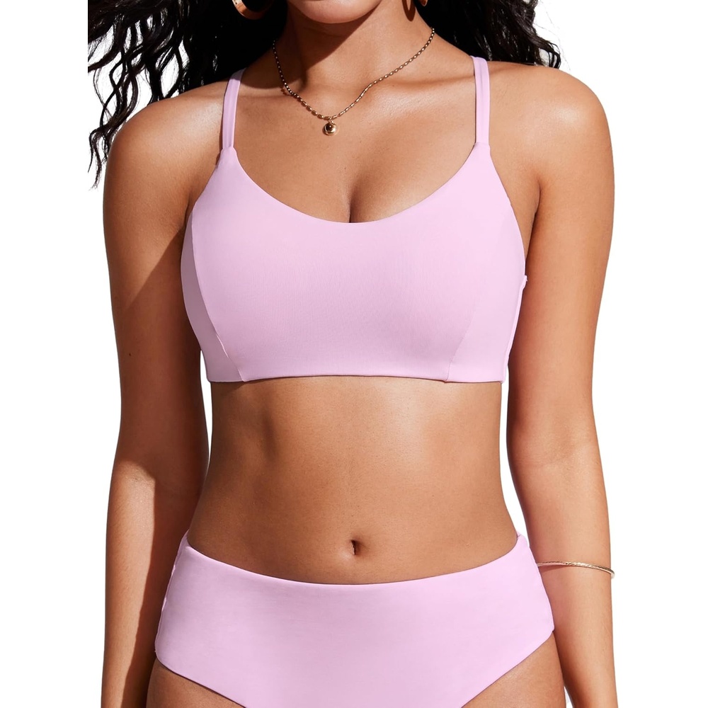 image:imageCRZ YOGA Tie Back Bikini Tops for Women Padded Lace Up V Neck Swim Bathing Suit BraPink Peony
