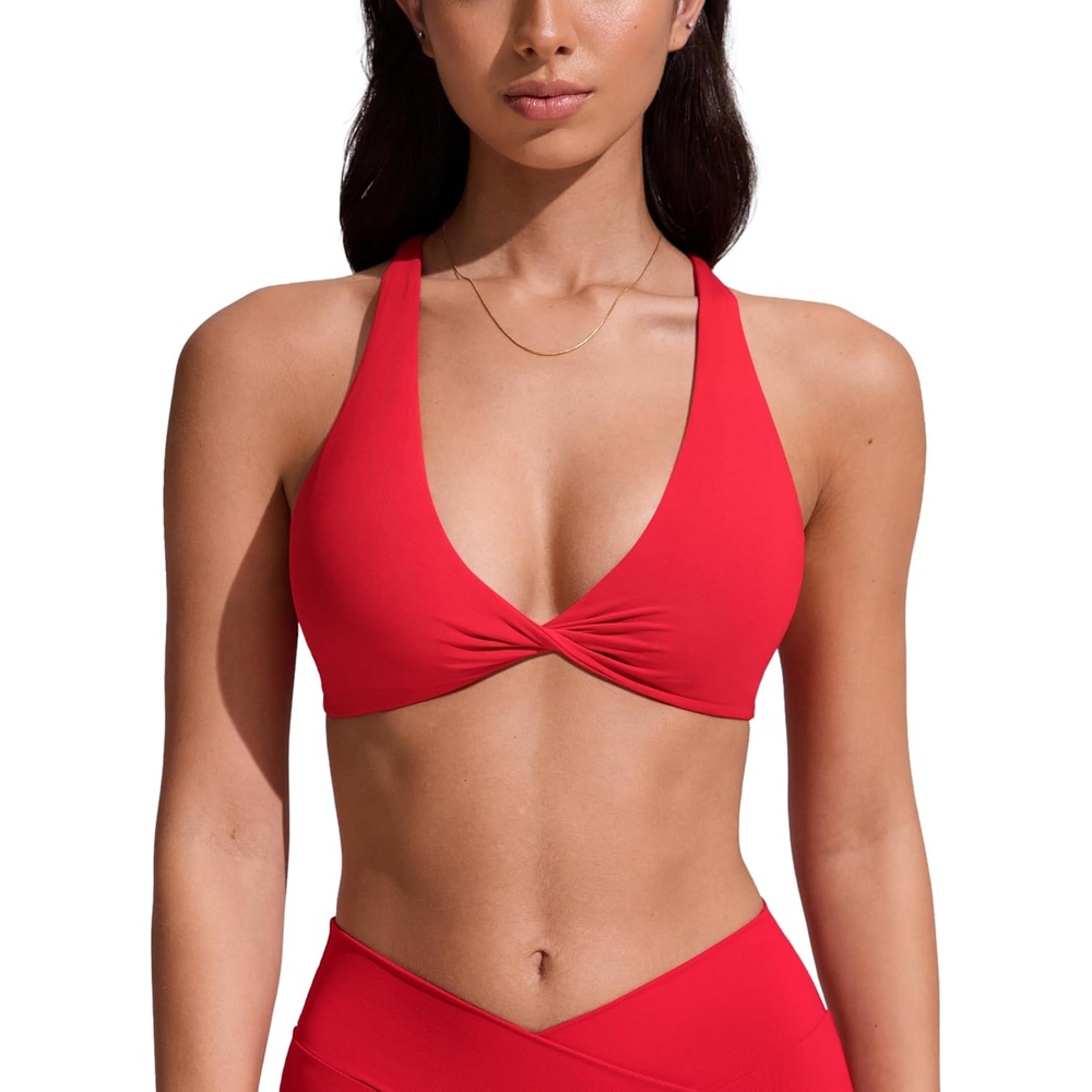 image:imageCRZ YOGA Twist Front Bikini Tops for Women Padded V Neck Criss Cross Back Triangle Sexy Swim Bathing SuitDeep Red