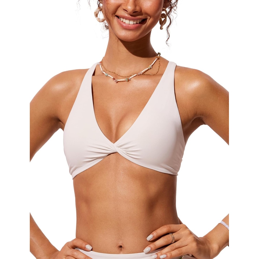 image:imageCRZ YOGA Twist Front Bikini Tops for Women Padded V Neck Criss Cross Back Triangle Sexy Swim Bathing SuitMilky White Bone