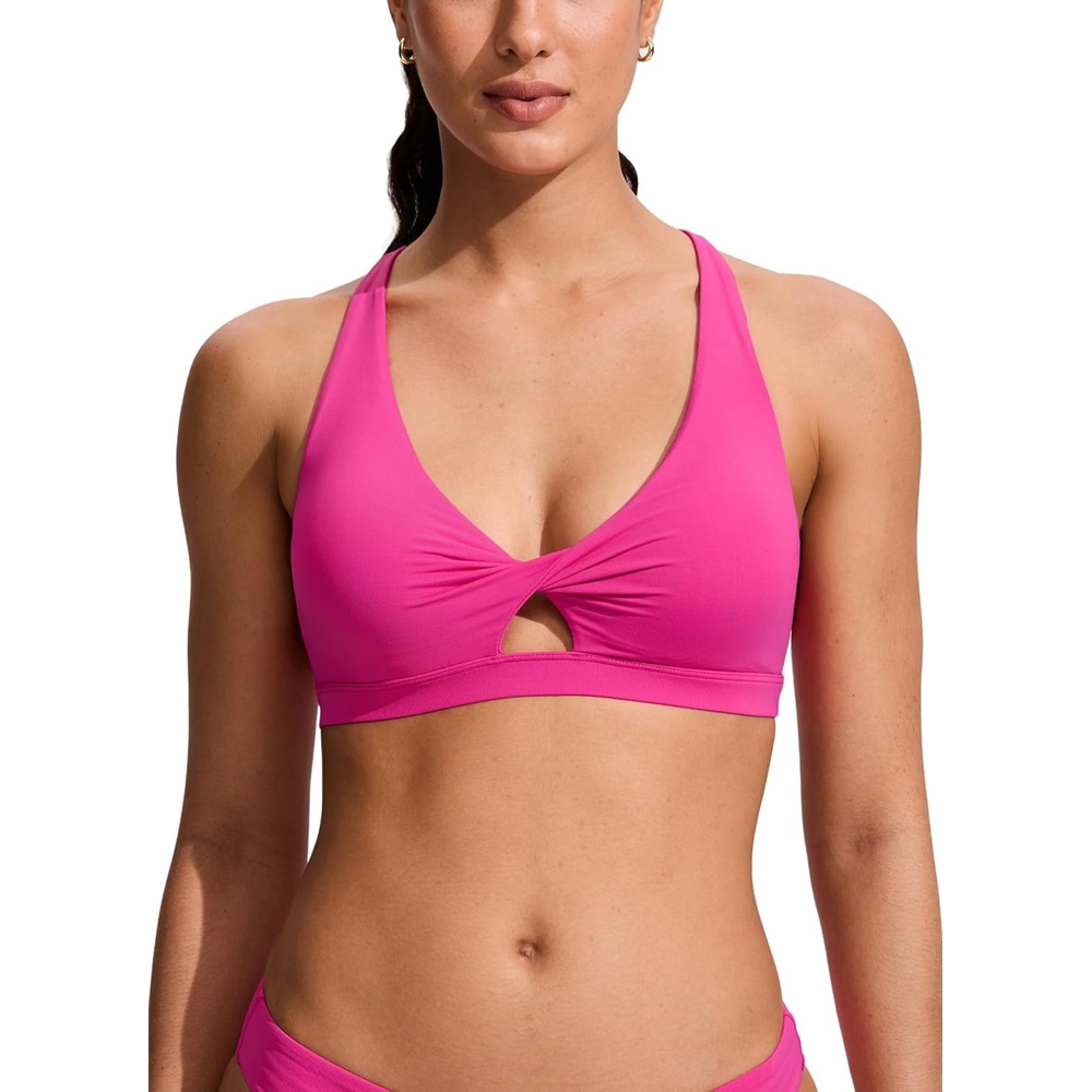 image:imageCRZ YOGA Twist Front Cut Out Bikini Tops for Women Padded V Neck Spaghetti Strap Criss Cross Swim Bathing Suit BraRose Violet