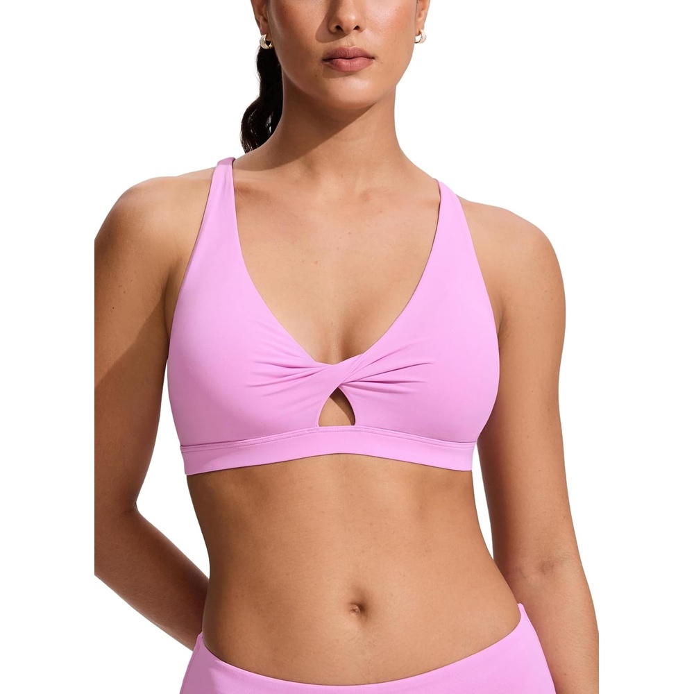 image:imageCRZ YOGA Twist Front Cut Out Bikini Tops for Women Padded V Neck Spaghetti Strap Criss Cross Swim Bathing Suit BraVita Pink