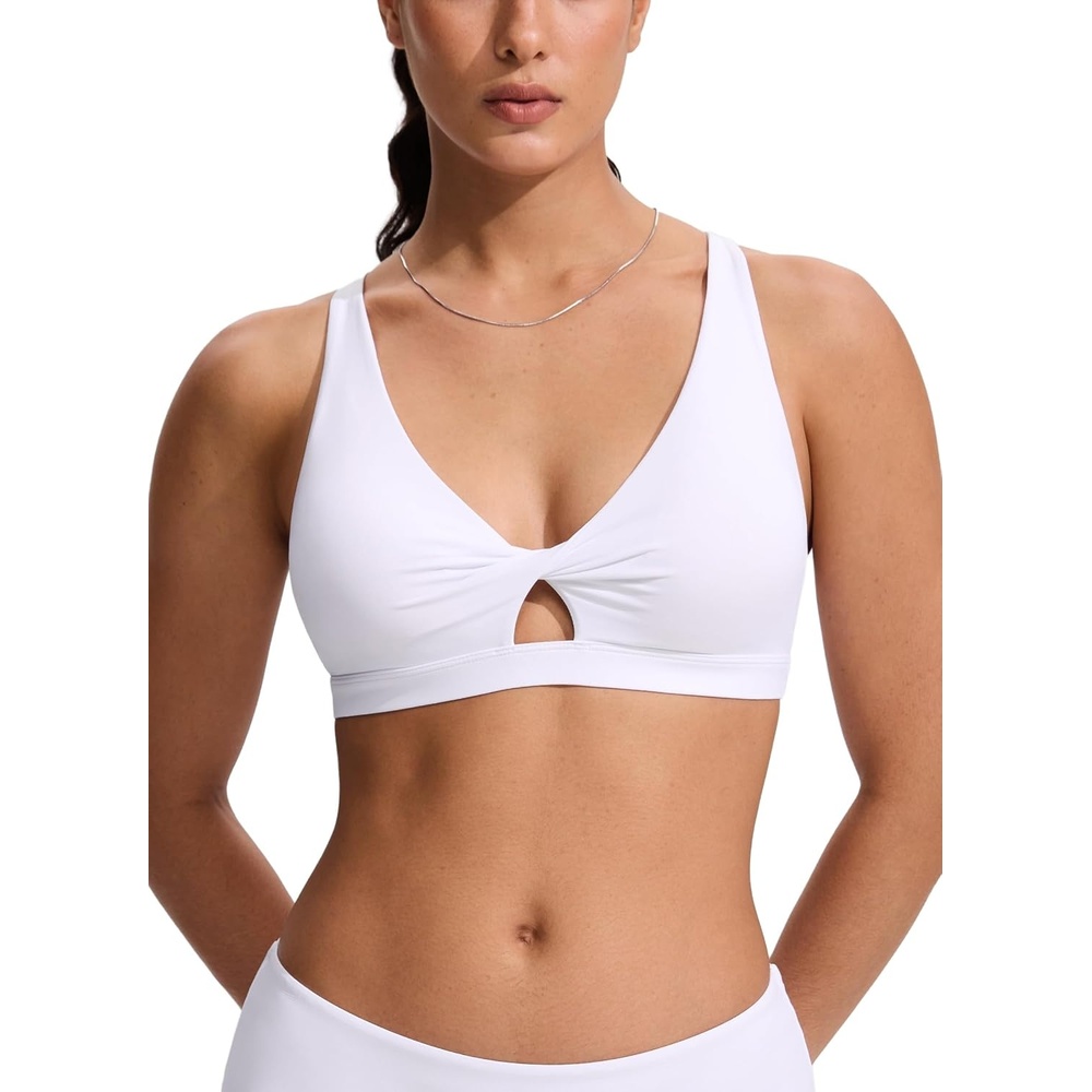 image:imageCRZ YOGA Twist Front Cut Out Bikini Tops for Women Padded V Neck Spaghetti Strap Criss Cross Swim Bathing Suit BraWhite