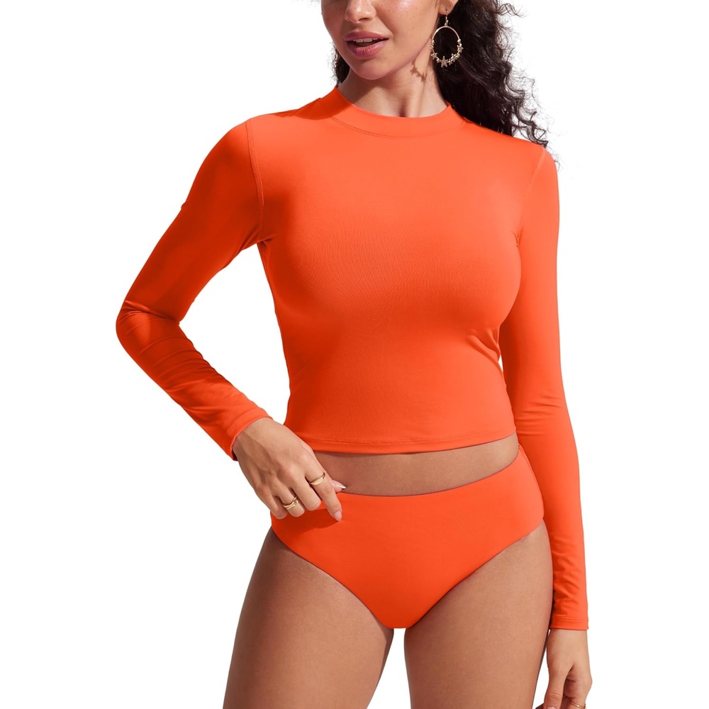 image:imageCRZ YOGA UPF 50 Cropped Rash Guard Shirts for Women Long Sleeve UV Sun Protection Swim Rashguard TopsHoney Orange