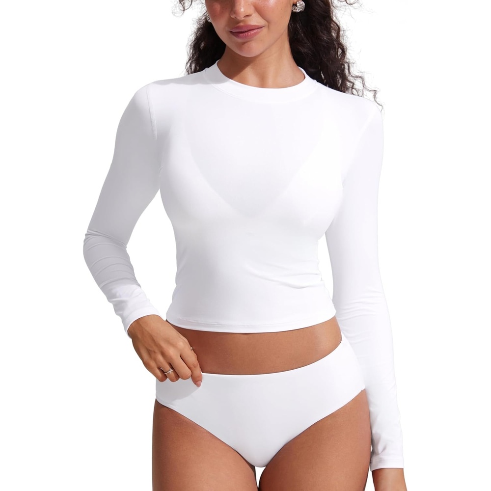 image:imageCRZ YOGA UPF 50 Cropped Rash Guard Shirts for Women Long Sleeve UV Sun Protection Swim Rashguard TopsWhite