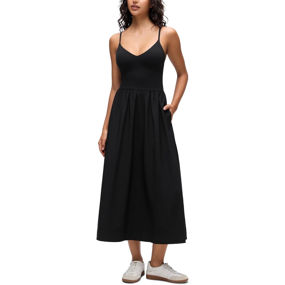image:imageCRZ YOGA V Neck Maxi Tank Dress for Women Adjustable Straps Sleeveless Flowy Casual Outfits with Two Side PocketsBlack