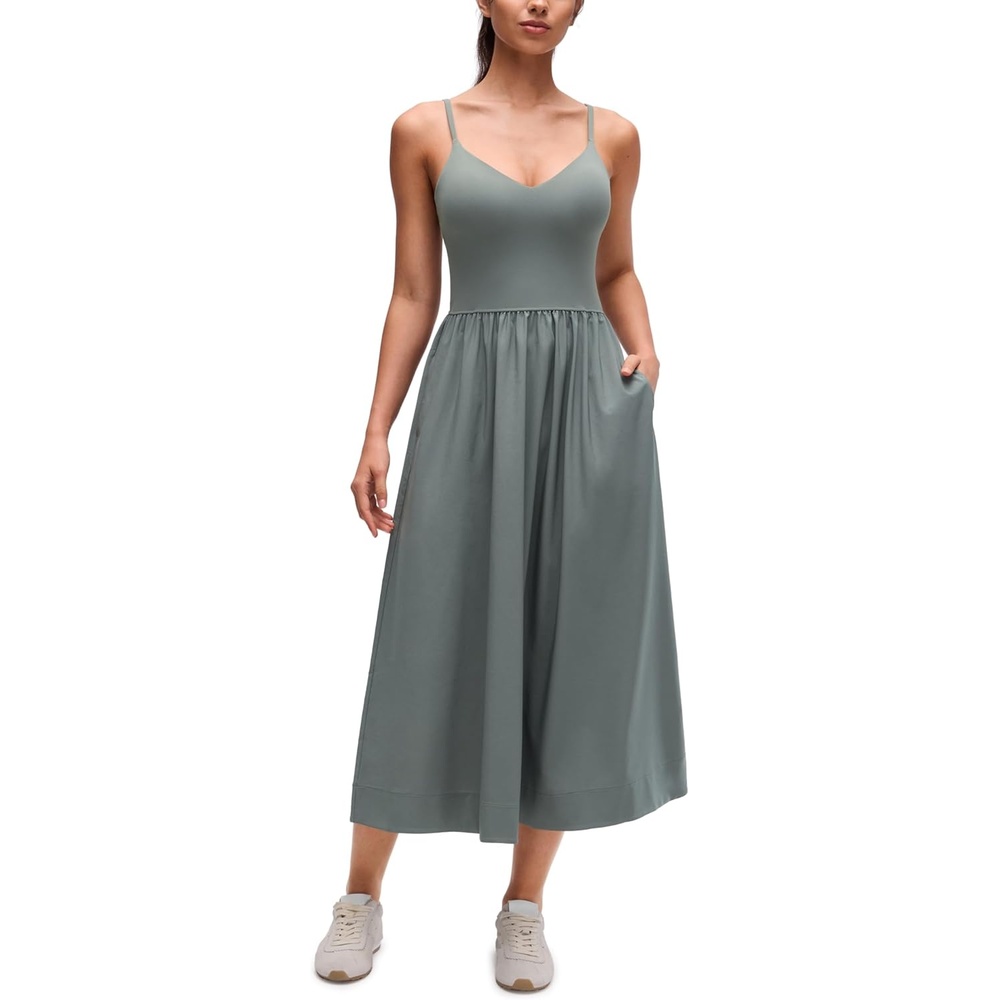 image:imageCRZ YOGA V Neck Maxi Tank Dress for Women Adjustable Straps Sleeveless Flowy Casual Outfits with Two Side PocketsGrey Sage