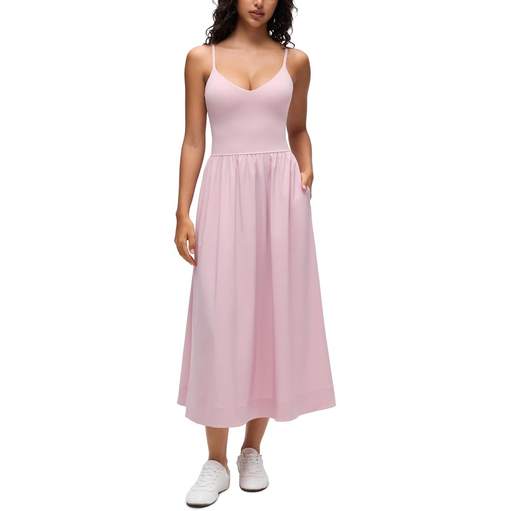 image:imageCRZ YOGA V Neck Maxi Tank Dress for Women Adjustable Straps Sleeveless Flowy Casual Outfits with Two Side PocketsPink Haze