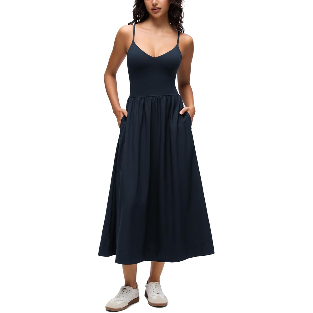 image:imageCRZ YOGA V Neck Maxi Tank Dress for Women Adjustable Straps Sleeveless Flowy Casual Outfits with Two Side PocketsTrue Navy
