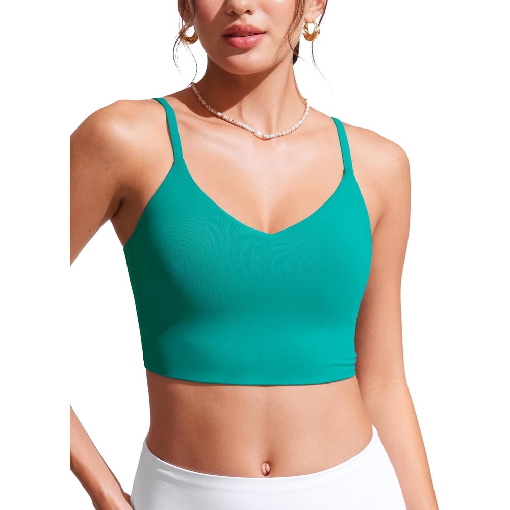 image:imageCRZ YOGA V Shaped Longline Bikini Tops for Women Padded Cropped Adjustable Spaghetti Straps Swimsuit Athletic Bathing SuitBlarney Green