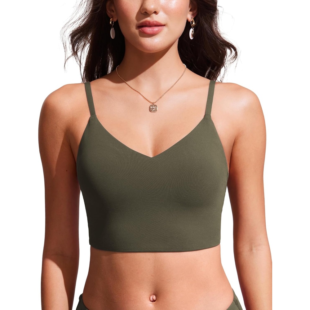 image:imageCRZ YOGA V Shaped Longline Bikini Tops for Women Padded Cropped Adjustable Spaghetti Straps Swimsuit Athletic Bathing SuitDark Olive