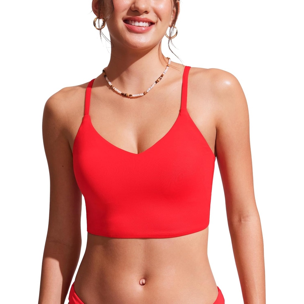 image:imageCRZ YOGA V Shaped Longline Bikini Tops for Women Padded Cropped Adjustable Spaghetti Straps Swimsuit Athletic Bathing SuitDeep Red