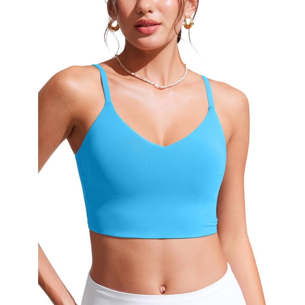 image:imageCRZ YOGA V Shaped Longline Bikini Tops for Women Padded Cropped Adjustable Spaghetti Straps Swimsuit Athletic Bathing SuitKayak Blue
