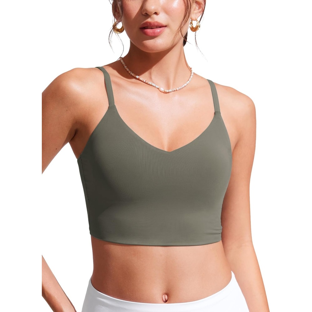 image:imageCRZ YOGA V Shaped Longline Bikini Tops for Women Padded Cropped Adjustable Spaghetti Straps Swimsuit Athletic Bathing SuitLight Army Green