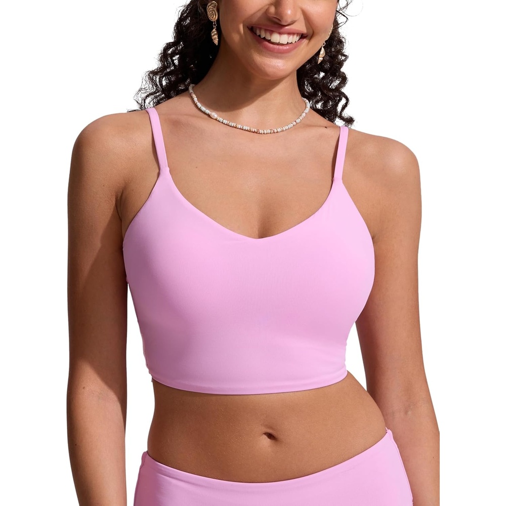 image:imageCRZ YOGA V Shaped Longline Bikini Tops for Women Padded Cropped Adjustable Spaghetti Straps Swimsuit Athletic Bathing SuitVita Pink