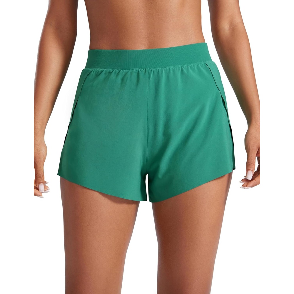 image:imageCRZ YOGA V Split Running Shorts for Women 25 High Waisted Workout Athletic Gym Track with Liner Breathable Quick DryCascadia Green